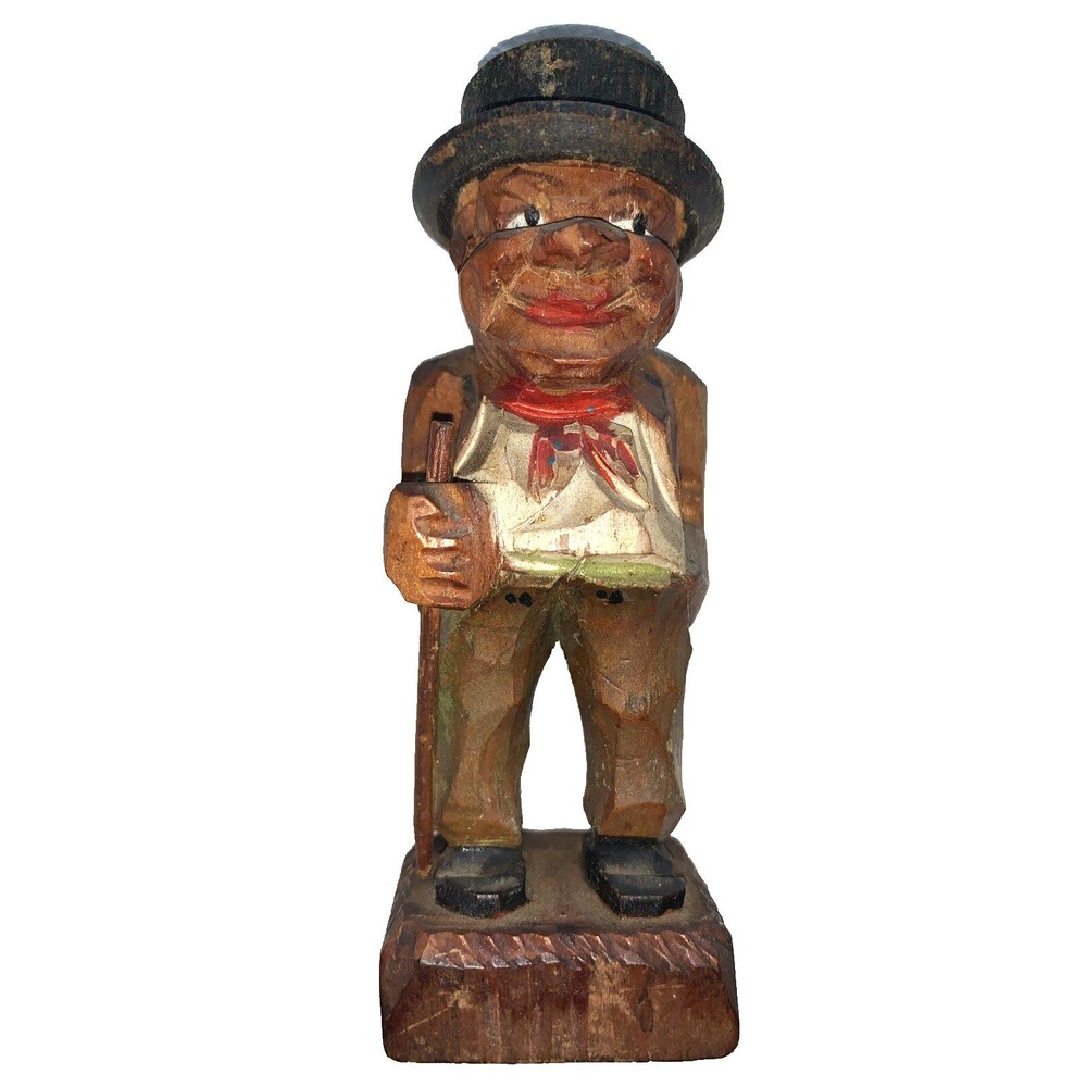 Vintage Hand Carved Wooden Man FolkArt Villager Figurine Top Hat Cane ANRI Style